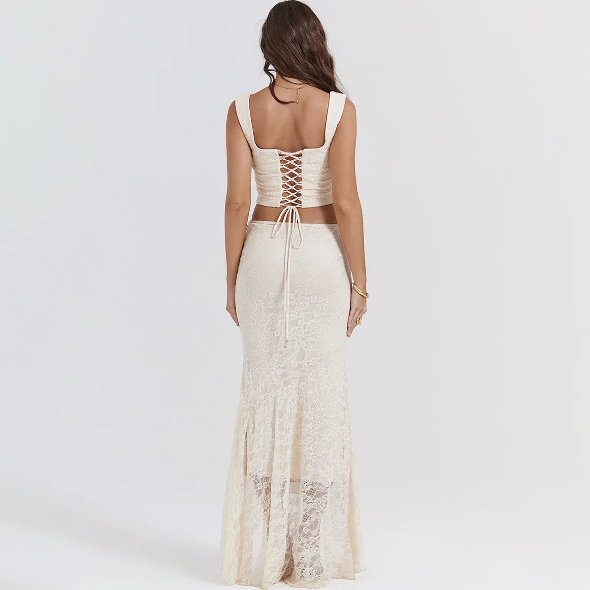 Women’s 2-Piece Set – Lace-Up Crop Top & Maxi Skirt