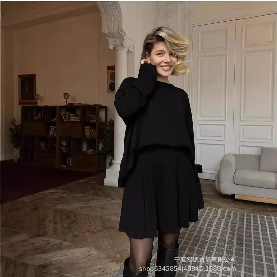 Solid Color Knit Set – Sweater & Mini Skirt