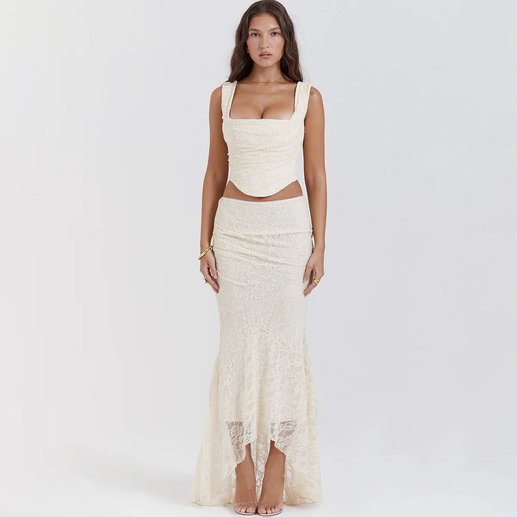 Women’s 2-Piece Set – Lace-Up Crop Top & Maxi Skirt