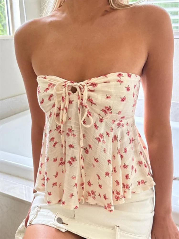 Floral Strapless Tube Top – Ruched & Ruffled