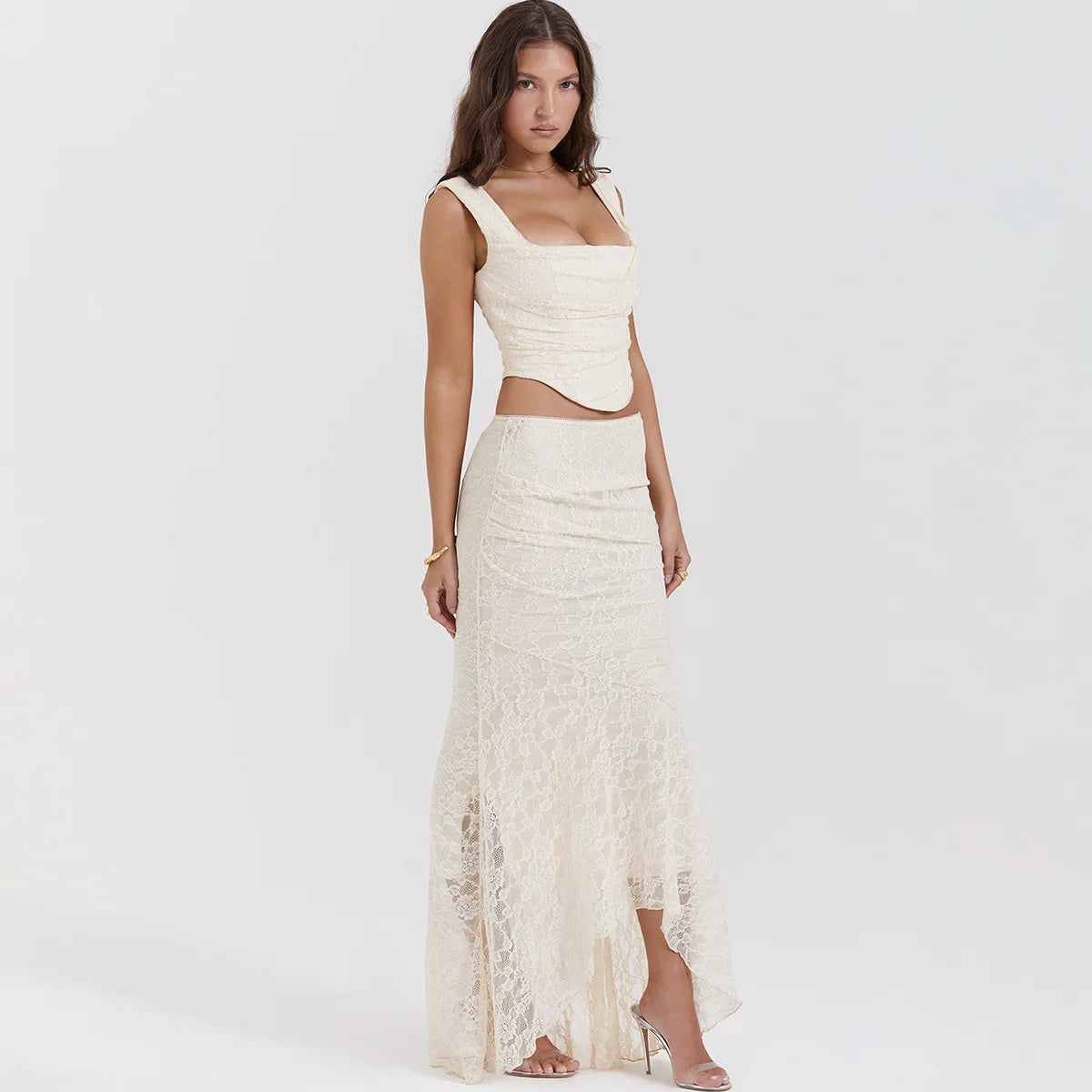 Women’s 2-Piece Set – Lace-Up Crop Top & Maxi Skirt