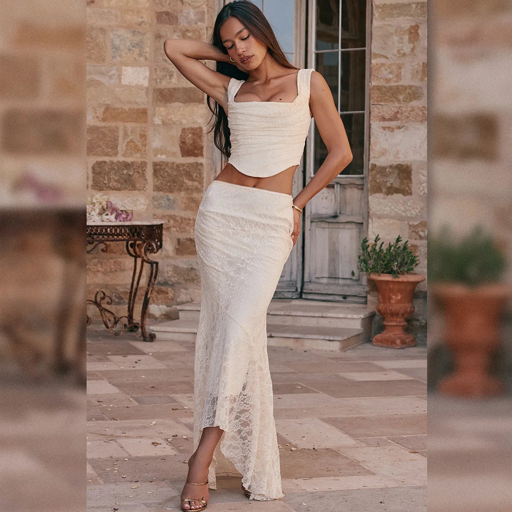 Women’s 2-Piece Set – Lace-Up Crop Top & Maxi Skirt
