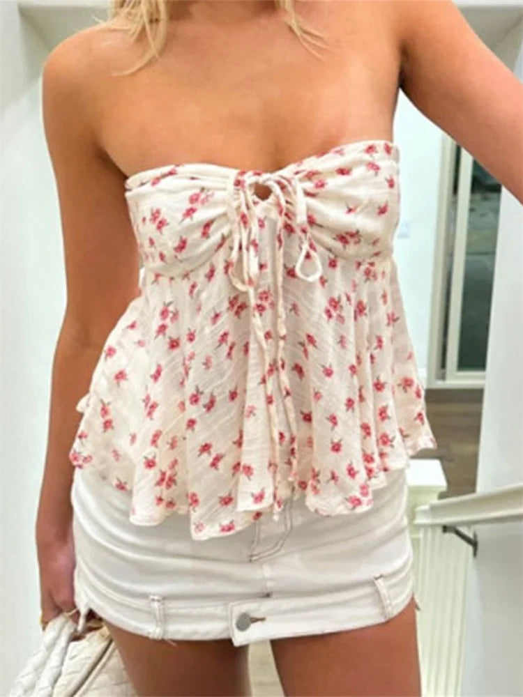 Floral Strapless Tube Top – Ruched & Ruffled