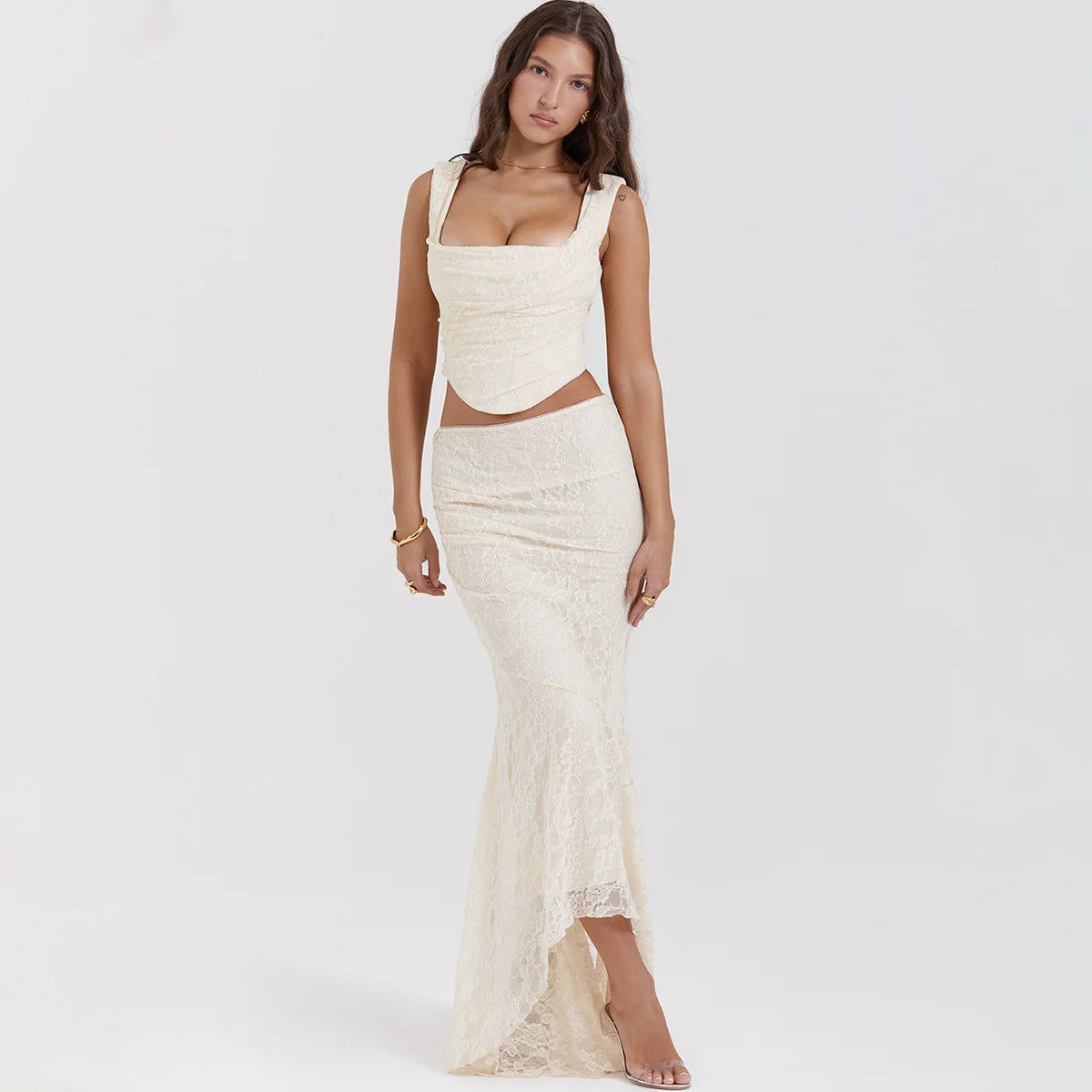 Women’s 2-Piece Set – Lace-Up Crop Top & Maxi Skirt