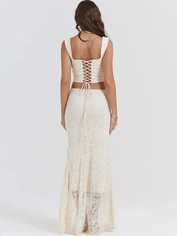 Women’s 2-Piece Set – Lace-Up Crop Top & Maxi Skirt