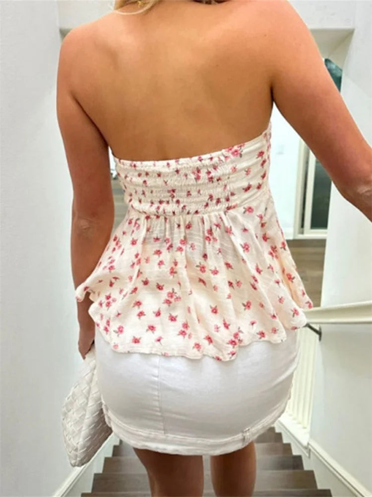 Floral Strapless Tube Top – Ruched & Ruffled